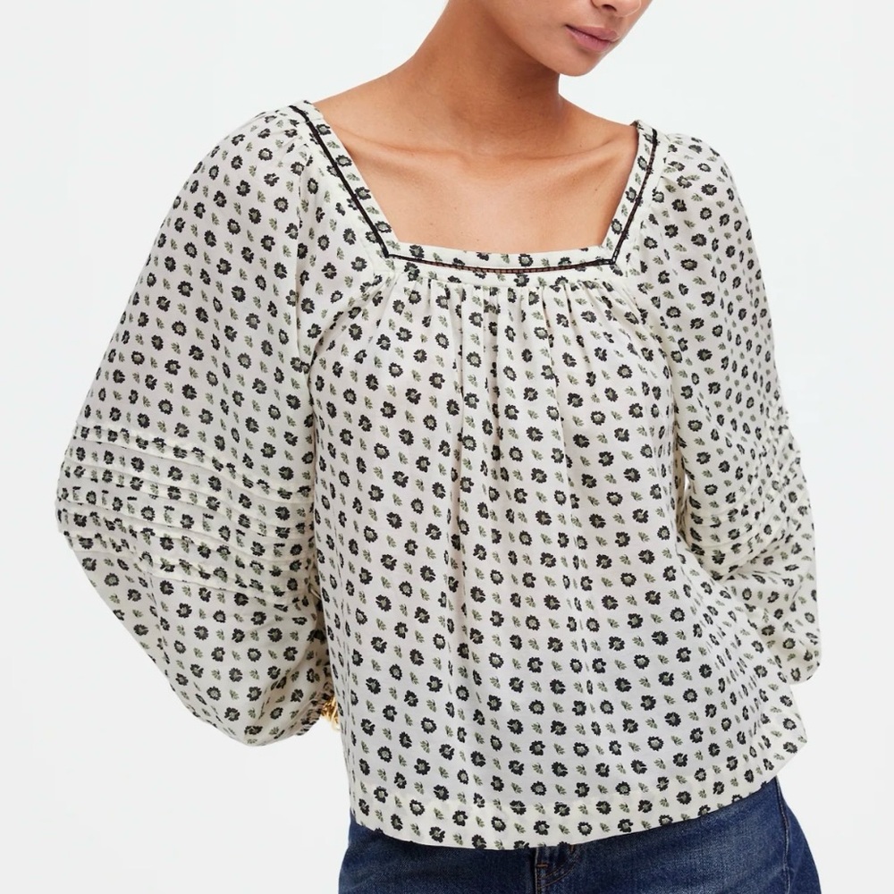Madewell NWT Square-Neck Dotted Floral-Print Long-Sleeve Top, Antique Cream, XL